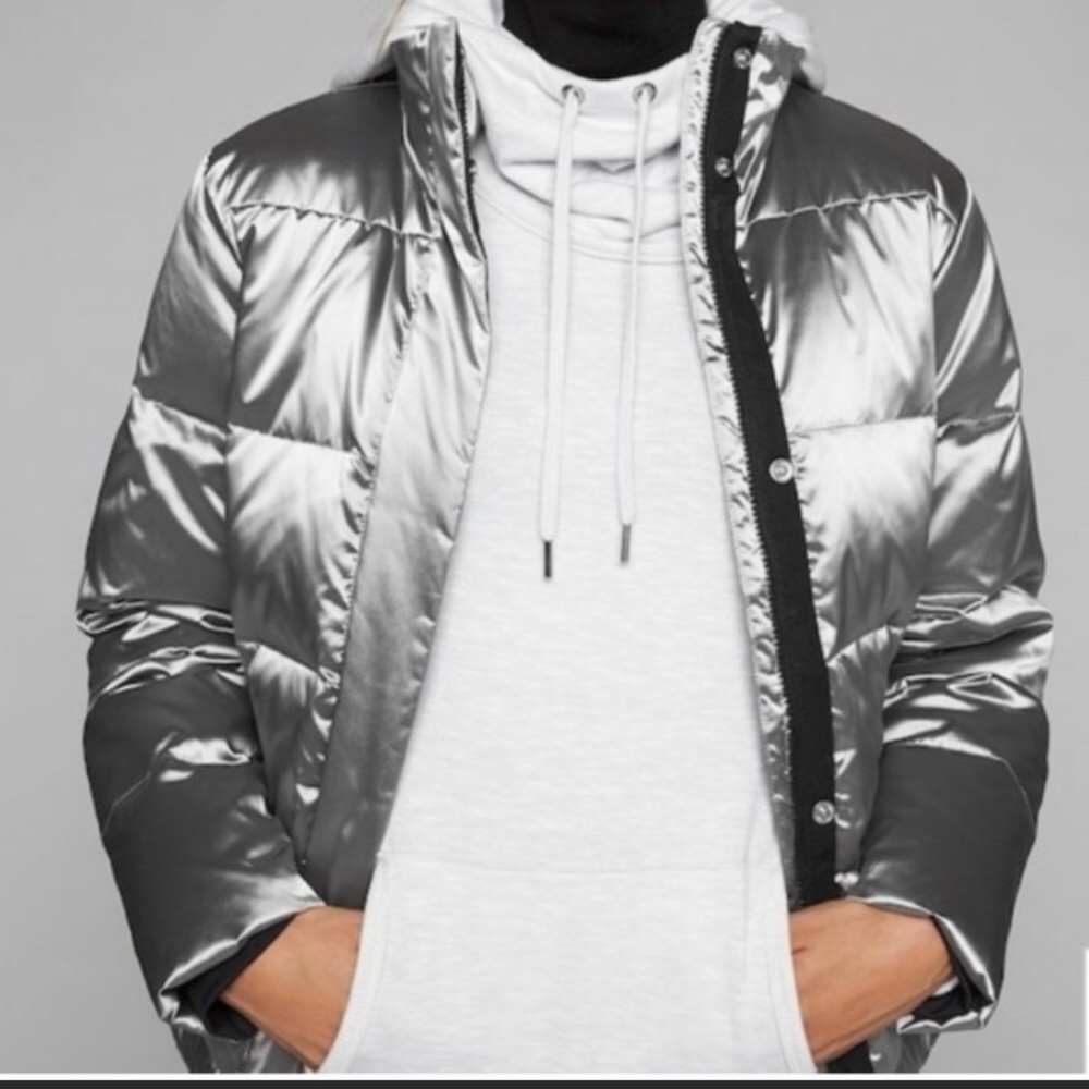 Athleta Silver Metallic Goose Down Puffer Coat